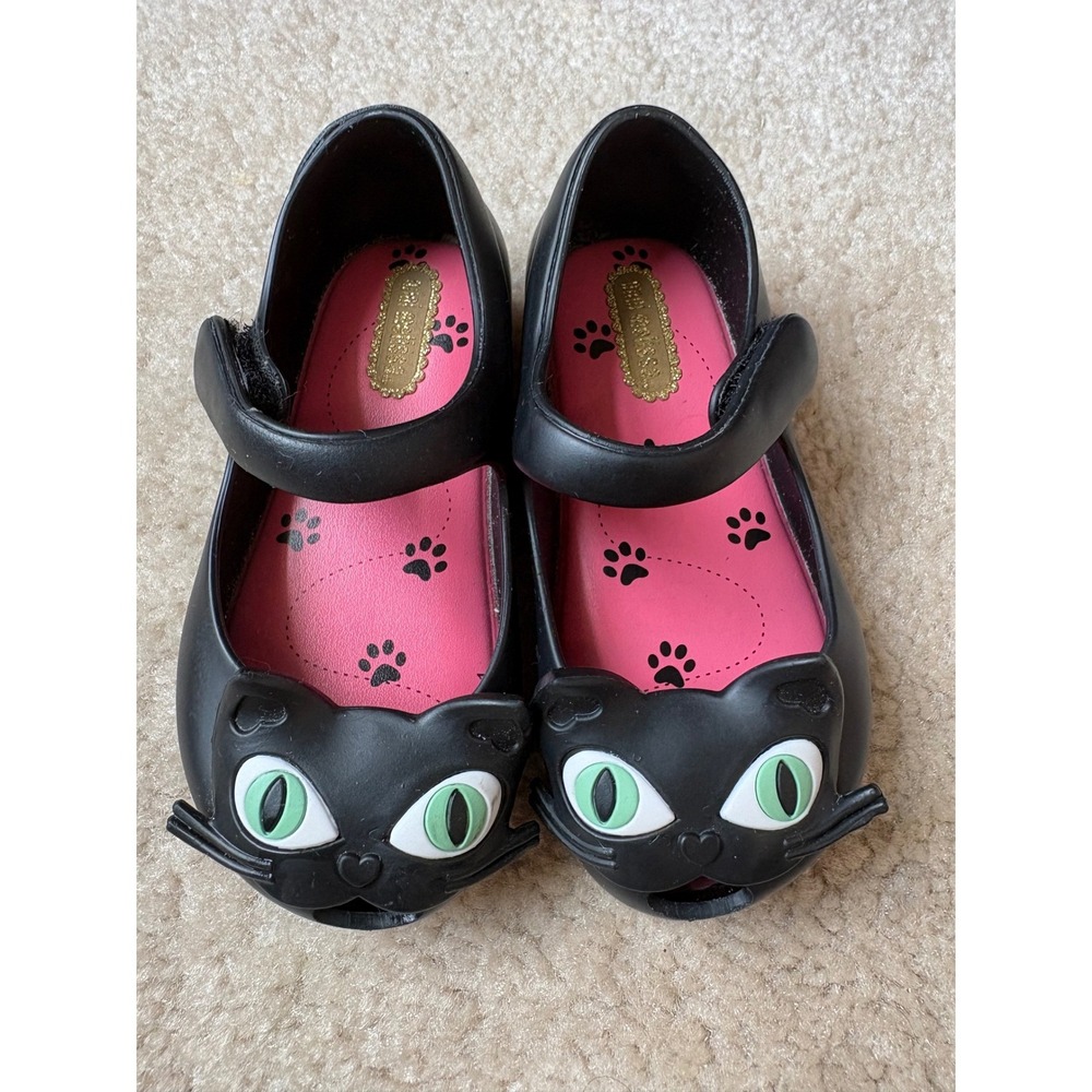 Mini Melissa Black Cat Mary Janes with Pink Insole and Green Eyes